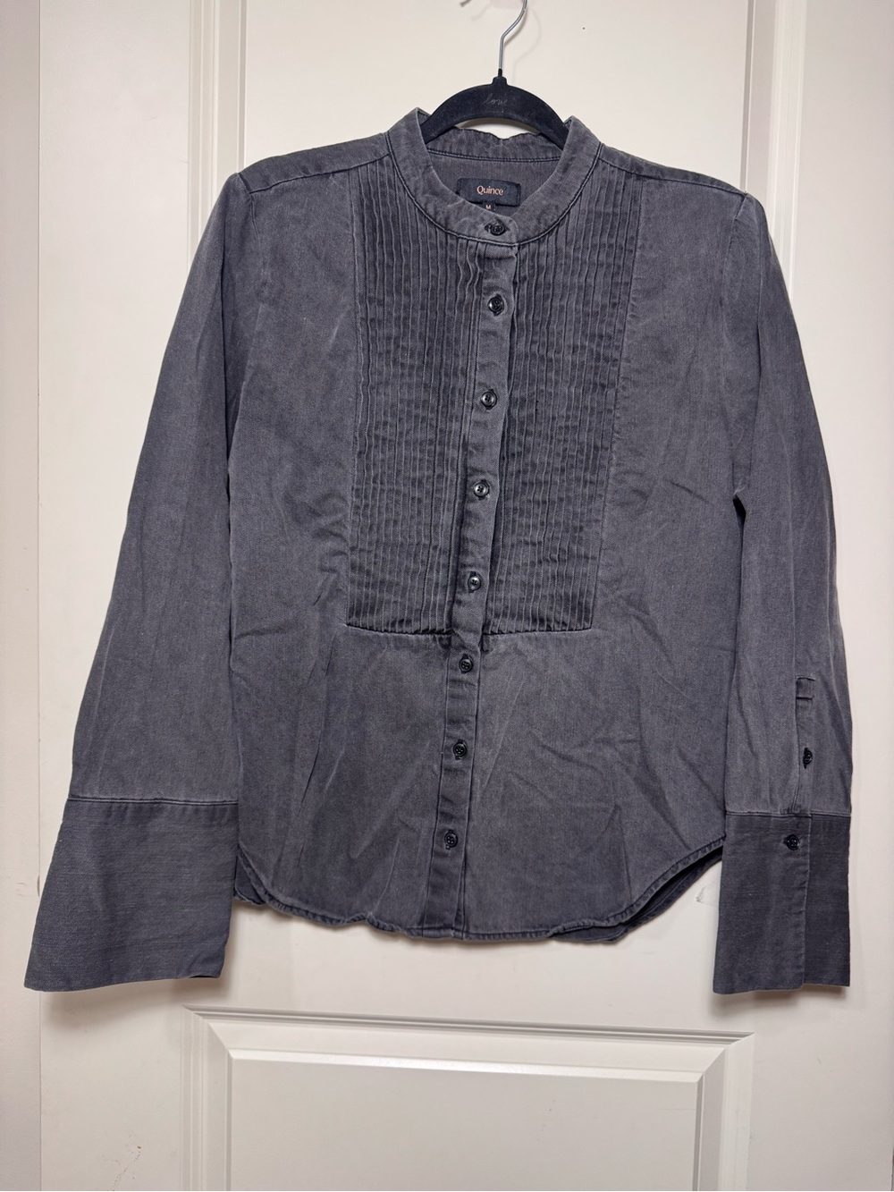 Quince Gray Denim 100% Cotton Button Front Pleated Collared Blouse Long Sleeve M